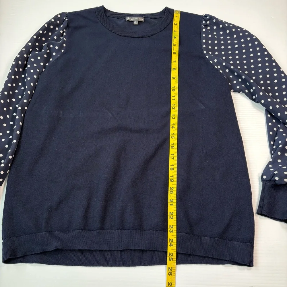 Adrianna Papell Dark Blue Top with Polka Dot Pattern Sheer Sleeves SzL Preppy - Picture 7 of 11